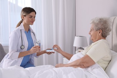Young caregiver giving medication to senior woman in bedroom. Home health care service