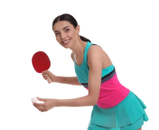 Beautiful young woman with table tennis racket and ball on white background. Ping pong player