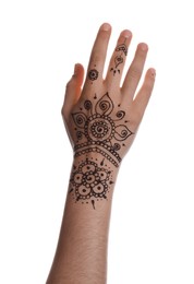 Woman with beautiful henna tattoo on hand against white background, closeup. Traditional mehndi