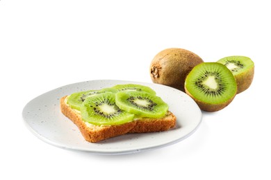 Delicious toast with sliced kiwi and butter isolated on white
