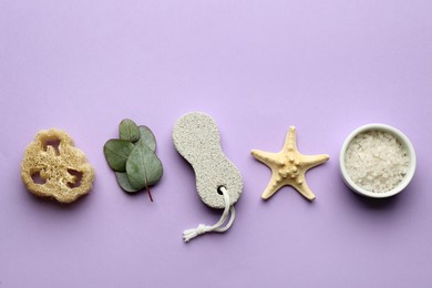 Flat lay composition with pumice stone on violet background