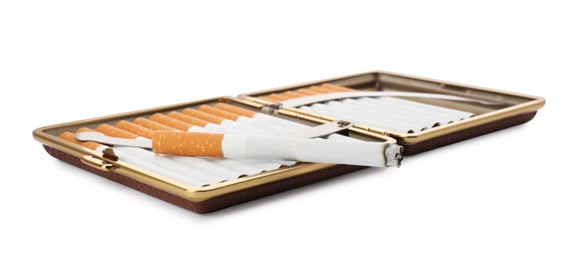 Open case with tobacco filter cigarettes on white background