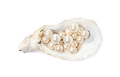 Oyster shell with pearls on white background, top view