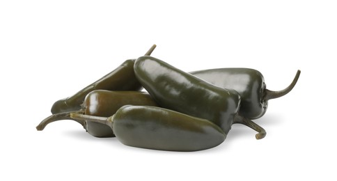 Photo of Pickled green jalapeno peppers on white background