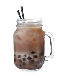 Tasty brown milk bubble tea in mason jar isolated on white