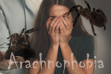 Image of Arachnophobia concept. Double exposure of scared woman and spiders