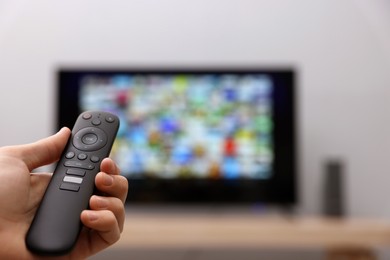 Photo of Woman switching channels on TV set with remote control at home, closeup. Space for text