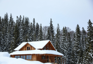 Modern cottage in snowy coniferous forest on winter day
