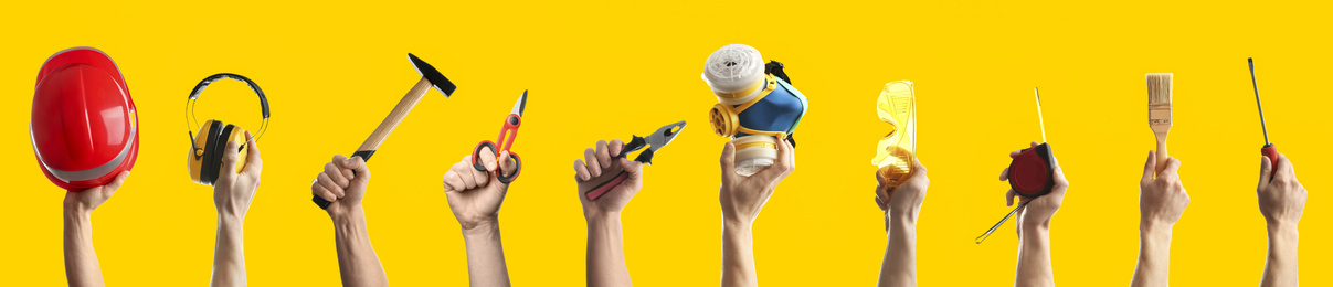 Collage of men holding construction tools on yellow background. Banner design