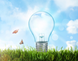 Solar energy concept. Glowing light bulb in green grass and blue sky with clouds on background