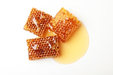 Fresh honeycombs on white background, top view