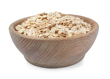 Raw oatmeal in wooden bowl isolated on white