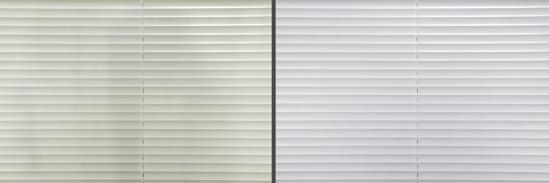 Window blinds before and after cleaning, closeup. Banner design 