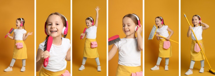 Collage with photos of funny little girl singing on orange background. Banner design