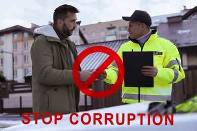 Stop corruption. Illustration of red prohibition sign and man giving bribe to police officer near car outdoors