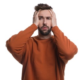 Man suffering from headache on white background. Cold symptoms