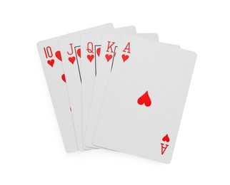 Hand of playing cards isolated on white, top view. Poker game