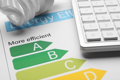 Energy efficiency rating chart, fluorescent light bulb and calculator, closeup