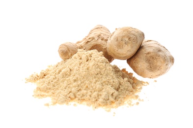 Photo of Dry ginger powder and fresh root isolated on white