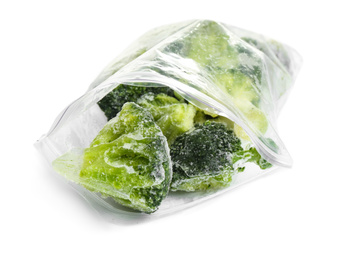 Frozen broccoli in plastic bag isolated on white. Vegetable preservation