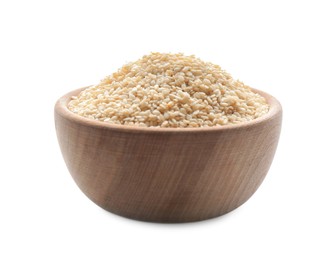 Wooden bowl with sesame seeds on white background