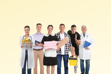 Choosing profession. People of different occupations on beige background