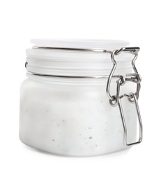 Jar of exfoliating salt scrub isolated on white