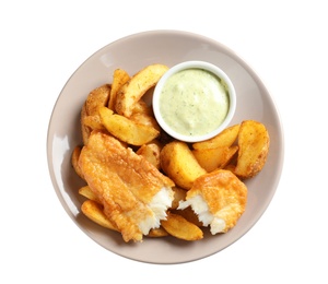 Plate with British Traditional Fish and potato chips on white background, top view