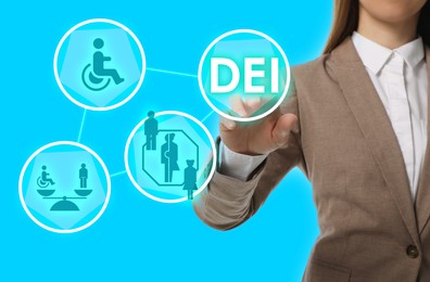 Concept of DEI - Diversity, Equality, Inclusion. Virtual screen with different icons and businesswoman on turquoise background, closeup