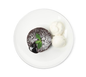 Plate of delicious fresh fondant with hot chocolate, mint and ice cream on white background, top view
