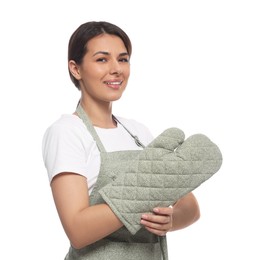 Woman wearing green apron and oven glove on white background