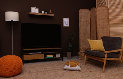 Modern TV on cabinet, stylish furniture and decorative elements in room. Interior design
