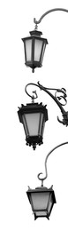 Beautiful street lamps in retro style on white background, collage. Vertical banner design