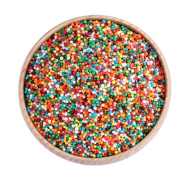 Colorful sprinkles in bowl on white background, top view. Confectionery decor