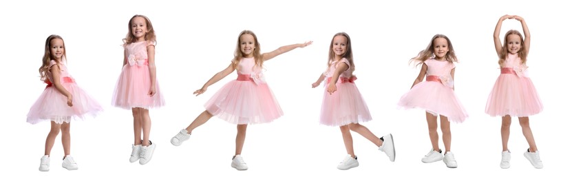 Image of Collage with photos of cute little girl dancing on white background. Banner design