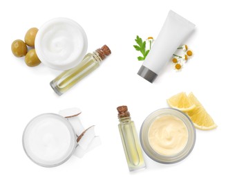 Set with jars of body cream on white background, top view