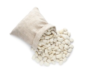 Overturned sack with navy beans on white background, top view