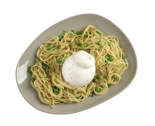 Delicious spaghetti with burrata cheese, peas and pesto sauce isolated on white, top view