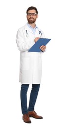 Full length portrait of doctor with clipboard on white background
