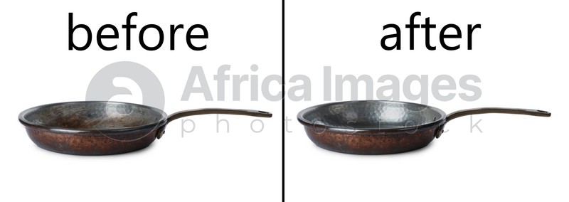 Frying pan before and after cleaning on white background, collage. Banner design