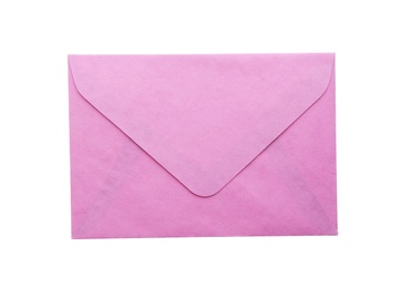 Pink paper envelope isolated on white. Mail service