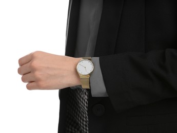Businesswoman with wristwatch on white background, closeup. Time management