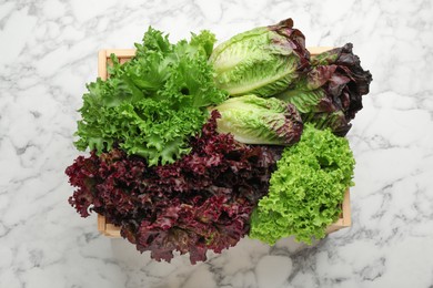 Photo of Crate with different sorts of lettuce on white marble table, top view