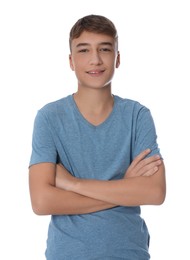 Photo of Portrait of teenage boy on white background