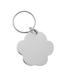 Silver metal tag with ring isolated on white. Pet accessory
