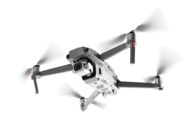 Drone with camera flying on white background. Modern gadget