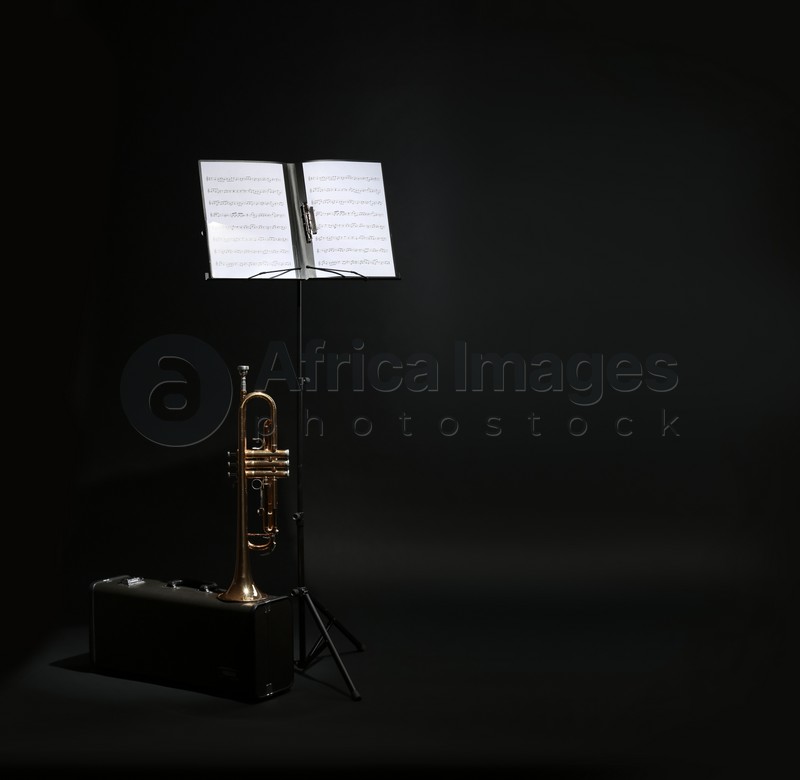 Trumpet, case and note stand with music sheets on black background. Space for text