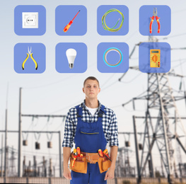 Young electrician and set of tools against high voltage towers