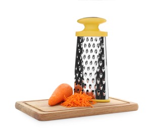 Stainless steel grater and fresh carrot on white background
