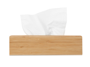Wooden holder with paper tissues isolated on white